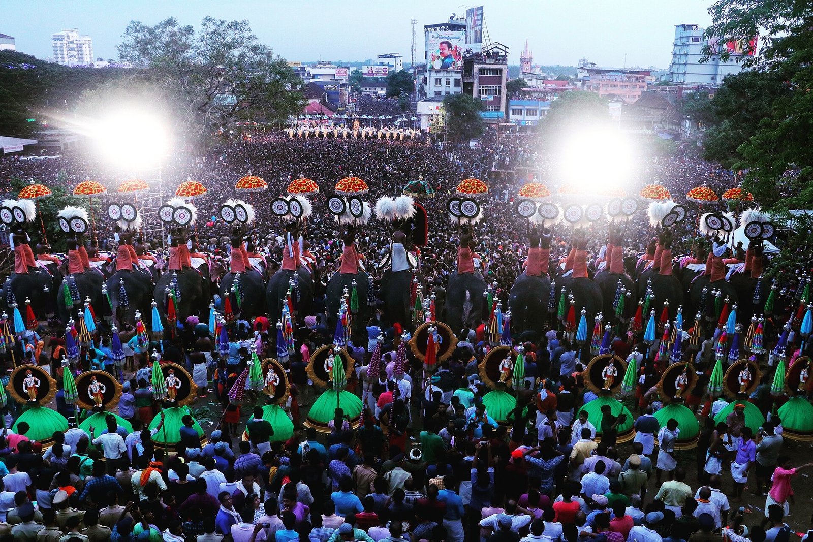 Festival scene at the southern entrance of Vadakkumnathan Temple in Thrissur